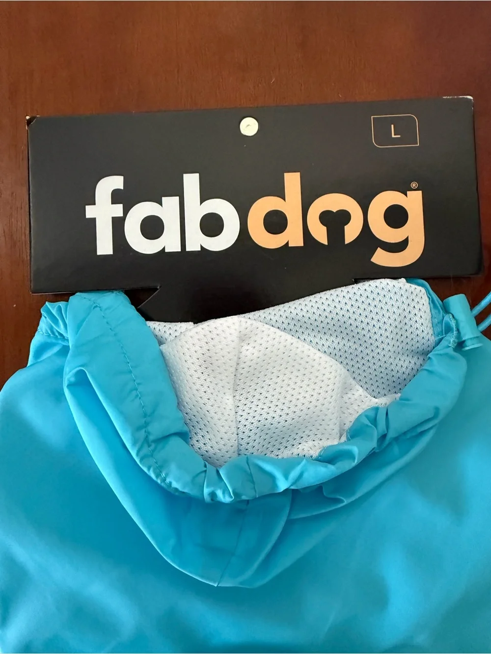 Fabdog lt. blue Packable Nylon hooded Leash hole Waterproof Raincoat Size Medium